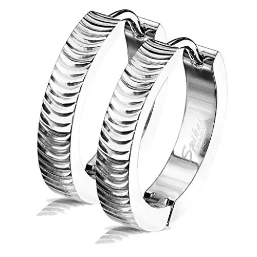 viva-adorno 1 Paar Damen Klappcreolen 20mm Ohrringe Edelstahl strukturiert mit Riefen Er96r, silber gerieft