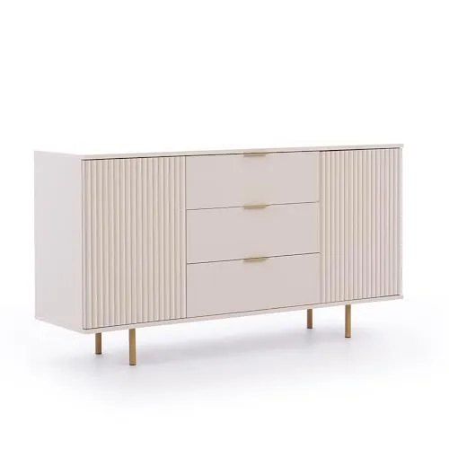 Lomadox Sideboard Kommode 150cm in Kaschmir - Elegante Kommode mit stilvoller Rillenoptik und goldfarbenen Details. Ausgestattet mit Softclose-Funktion für ein sanftes Schließen der Türen und Schubladen.