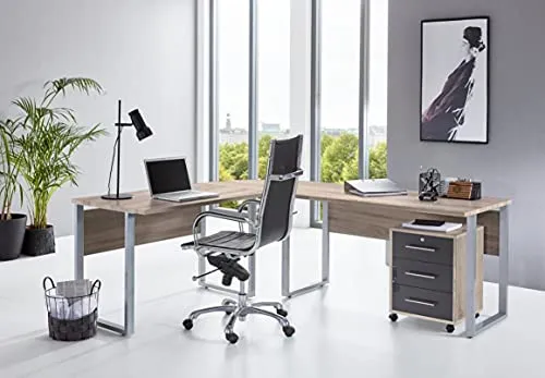 Winkelschreibtisch TABOR PRO mit Rollcontainer - Arbeitstische: Moderne Winkelschreibtisch-Kombination mit abschließbarem Rollcontainer, individuell montierbar und Made in Germany!