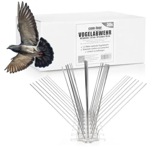 com-four® 9,6 Meter Premium Taubenabwehr Spikes - Edelstahl 304, rostfrei und langlebig - Hochwertige Taubenabwehr-Spikes aus Edelstahl 304 bieten effektiven Schutz vor Vögeln. Mit 5 Spitzen pro Reihe und flexibler Montage sind sie ideal für verschiedene Einsatzorte.