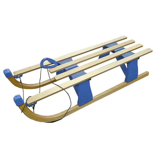 Blauer Kinderschlitten aus Holz mit ökologischem Lack