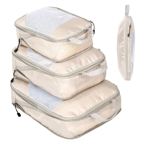 Koffer Organizer Packing Cubes Compression Koffer Organizer Set Wasserfester Kofferorganizer Packtaschen für Koffer Travel Essentials Erweiterbar Reisepack Organizer für Handgepäck, Beige 3 Stück