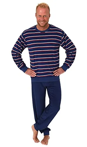 Herren Frottee Pyjama Langarm Schlafanzug mit Bündchen in Streifenoptik - 281 101 13 647, Farbe:Marine, Größe2:50