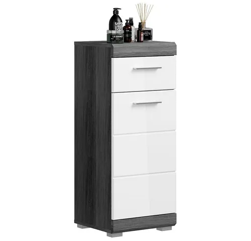 Lomadox Badkommode SIROCO-158 in Rauchsilber & Weiß Hochglanz - Stylische Badkommode mit 37 cm Breite, bietet praktischen Stauraum und modernes Design. Ideal für jedes Badezimmer, mit strapazierfähiger Melaminbeschichtung und einfacher Montage.