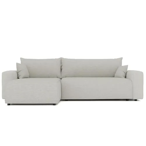 Gepolstertes Ecksofa PIANO XL mit Schlaffunktion - Beige Ecksofa mit Bettkasten und flexibler Ottomane, ideal für modernen Wohnstil und gemütliche Räume. Hochwertiger Bouclé-Stoff, komfortable Schlaffunktion und freistehendes Design.