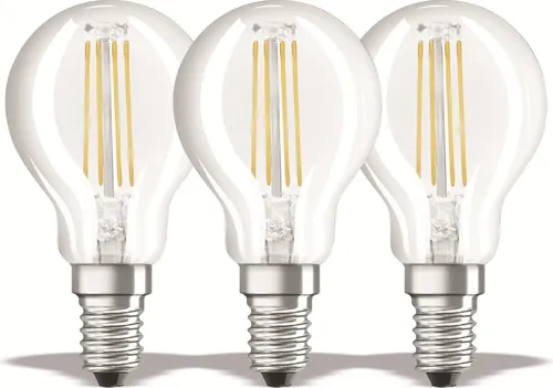 Osram Base E14 LED Birne Filament 4W 3er Set - Energiesparlampen mit 470 Lumen, neutralweißer Lichtfarbe und 10.000 Stunden Lebensdauer. Ideal für eine effiziente und umweltfreundliche Beleuchtung.