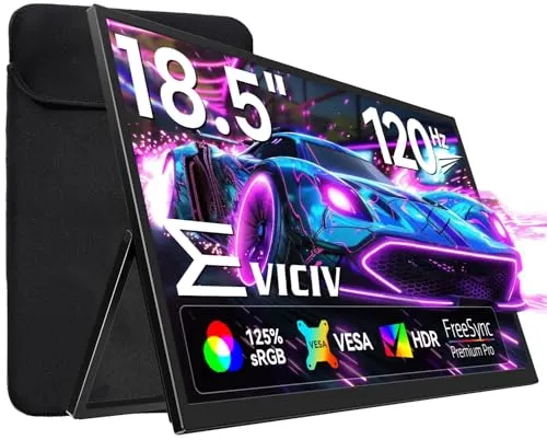 EVICIV Portable Monitor 18,5 Zoll 120Hz GroBer Tragbarer Bildschirm + Sleeve, FHD 1080P 125% sRGB 2000:1 IPS Gaming Display USB C Mini HDMI mit VESA & Ständer 180° für Laptop/Phone/Spielkonsole