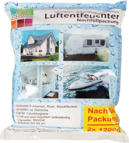 Luftentfeuchter Nachfüll Granulat ( 2x 1200g ), bis 50m² Raumgröße / 2.500ml Flüssigkeit aufnahmefähig