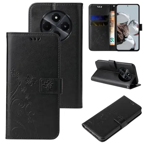 LBH Handy Hülle für Xiaomi Redmi 14C Case Handytasche Schmetterling Blumen Flower Standfunktion Schutzhülle Magnet Rundum Schutz 360 Grad Flipcase Cover Schwarz