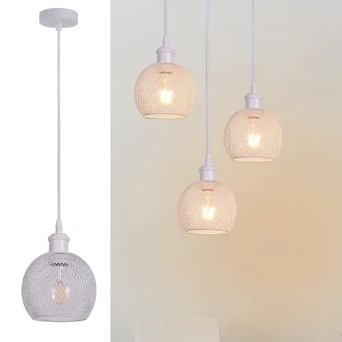 TWSXTE Weiß Pendelleuchte, Industrielle Vintage Deckenleuchte, Rustikaler Stil Käfig-Kronleuchter Schlafzimmer Lampe, E27 LED Verstellbare Seil Dekoration