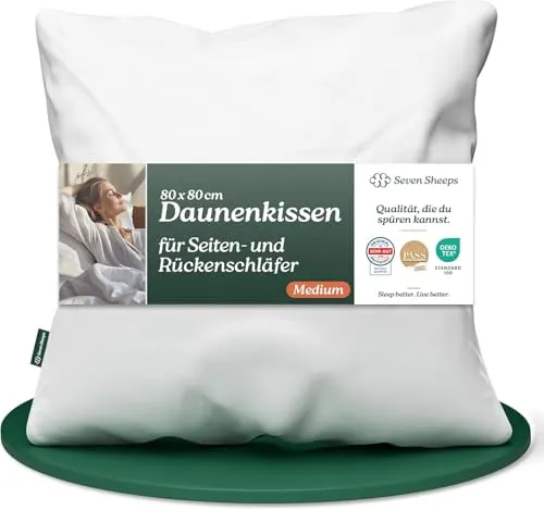 Daunenkissen 80x80 Medium für Rücken- & Seitenschläfer, 3-Kammer Kopfkissen 80x80 Daunen, spürbar stützend & angenehm weich, maschinenwaschbar, DOWNPASS (kein Lebendrupf), Oeko-TEX