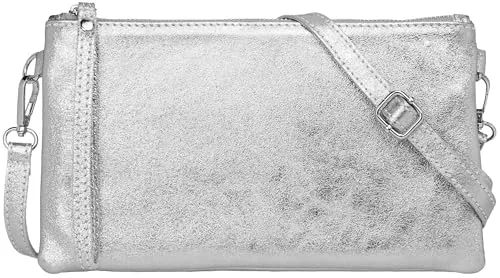 Caspar Elegante Leder Clutch Damen Umhängetasche Abendtasche mit Metallic Finish - CLASSIC LINE - Modell No.717 - Made in Italy, Farbe:silber metallic, Größe:One Size
