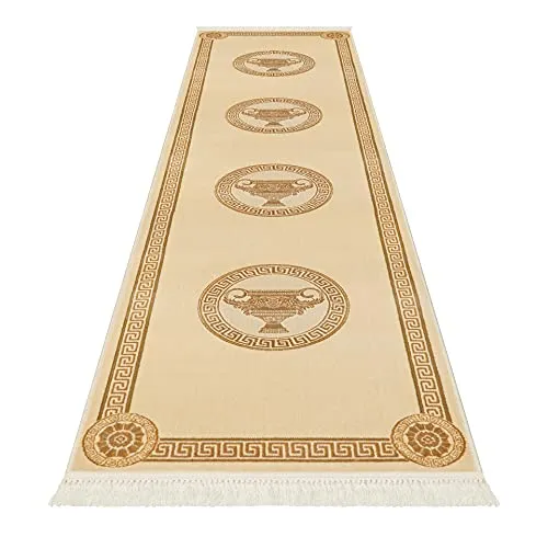Premium Flur Teppich Läufer Teppichläufer Flur Schlafzimmer Wohnzimmer in beige gold Mäander Amphore Muster mit Fransen - Kurzflor Flauschig Antirutsch Seidenoptik 100% Viskose - beige, 80x300 cm