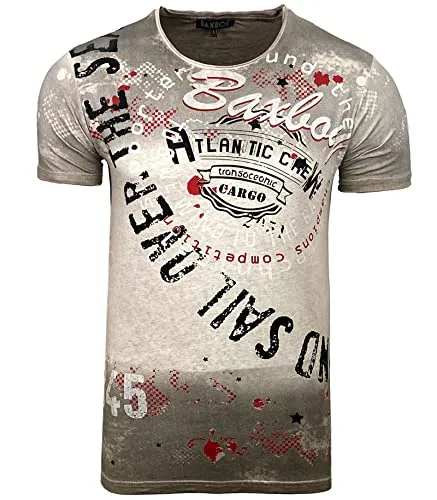 Herren Rundhals Vintage T-Shirt Kurzarm Slim Fit Design Fashion Top All Over Print Shirt B-106, Farbe:Beige, Größe:XL