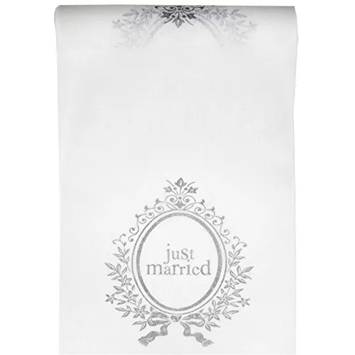 Tischläufer Just Married, weiß mit Aufdruck silber, 30 cm, 5 m, Dekostoff