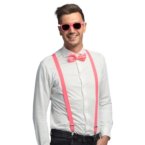 Boland Kostümset 3-teilig - Neonpink, vielseitiges Zubehör mit Hosenträger, Brille und Fliege für Karneval, Festivals und Mottopartys