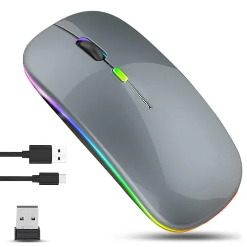 GLOBAL TECH Kabellose Bluetooth Maus, Wiederaufladbare LED Ultradünne Funkmaus mit Dual-Modus 2,4 GHz und Bluetooth, Leise Tragbare Maus Kabellos für Laptop, PC, Computer, Mac, iPad, Tablets (Grau)