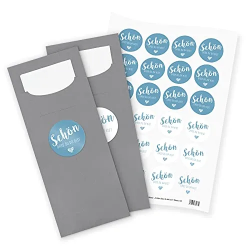 itenga 24x Bestecktaschen GRAU Schön dass du da bist blau Pochetten inkl. Serviette und Sticker Aufkleber Tischdeko Einweggeschirr
