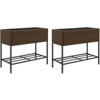 vidaXL Hochbeete mit Ablage 2 Stk Braun 90x40x75 cm - Praktische Hochbeete aus langlebigem PE-Rattan und pulverbeschichtetem Stahl, ideal für Blumen und Pflanzen. Mit Ablage für Zubehör und einfachem Zugang, perfekt für deinen Garten.