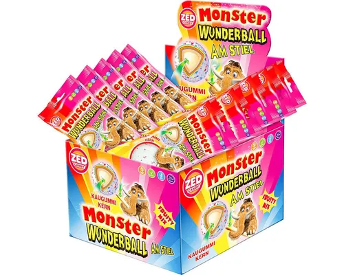 ZED Süßigkeit, ZED Monster Wunderball Fruity am Stiel mit Kaugummi Kern 60g 16er Pack