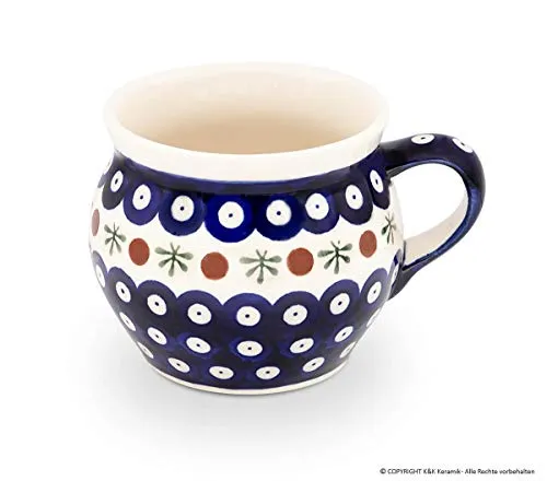 Bunzlauer Keramik Becher 320ml - Kugelbecher mit Dekor 41 - Becher aus hochwertiger Bunzlauer Keramik, ideal für Kaffee oder Tee. Die bauchige Form hält Getränke länger warm und ist spülmaschinen- sowie mikrowellengeeignet.