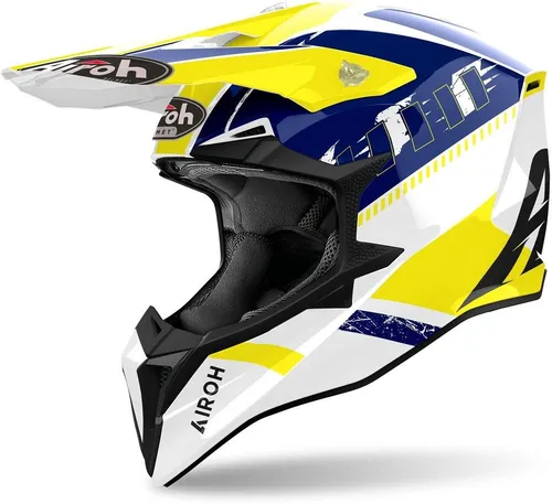 Airoh Wraaap Feel Motocross Helm XL - Motorradhelm in weiss-blau-gelb mit EPS-Doppelsystem und herausnehmbarem Innenfutter für optimalen Komfort und Sicherheit beim Motocross.