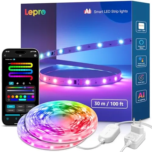 Lepro AI LED Streifen S1, MagicColor RGBIC 30M Smart LED Strip mit Personalisierter KI-Lichtdesigner, Musik-Sync, App-Steuerung kompatibel mit Alexa&Google Assistant, LED Lichterkette für Party&Gaming