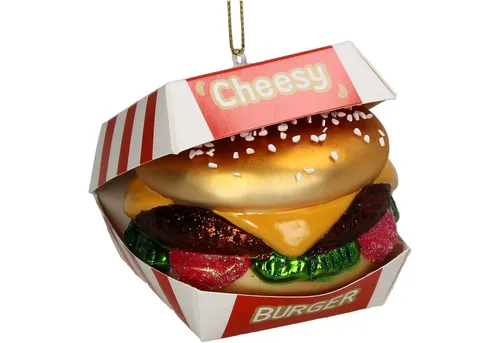 HD Collection Christbaumschmuck, Christbaumschmuck Glas 8cm Cheeseburger Figur - Gold Rot Weiß
