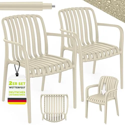 tillvex® Gartenstuhl 2er Set - Wetterfest & Stapelbar mit Armlehne - Genießen Sie maximalen Komfort mit den ergonomisch gestalteten tillvex Gartenstühlen. Wetterfest und platzsparend stapelbar, ideal für Balkon, Terrasse oder Garten. Belastbar bis 120 kg – perfekt für entspannte Stunden im Freien!