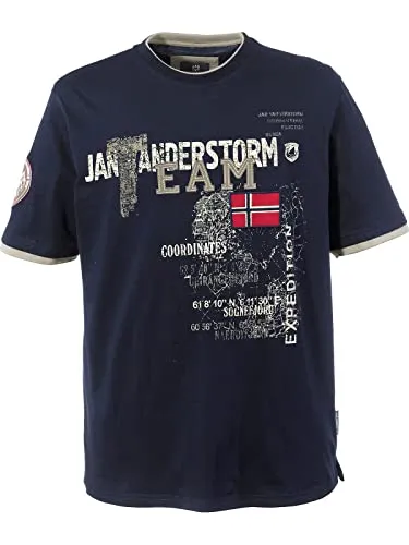 Jan Vanderstorm Herren T-Shirt Sölve dunkelblau 3XL - Sportlicher Look für große Größen - T-Shirts für Herren in großen Größen, lässiger Comfort Fit mit sportivem Print und markanten JV-Applikationen. Ideal für Outdoor und Freizeit, aus hochwertigem Jersey-Stoff für besten Tragekomfort.