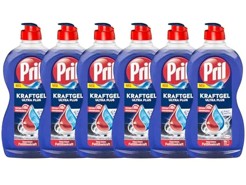 PRIL Kraft Gel Ultra Plus (6x 450 ml), Handgeschirrspülmittel mit höchster Fettlösekraft, für sauberes Geschirr auch in kaltem Wasser, entfernt selbst 48 h Eingetrocknetes