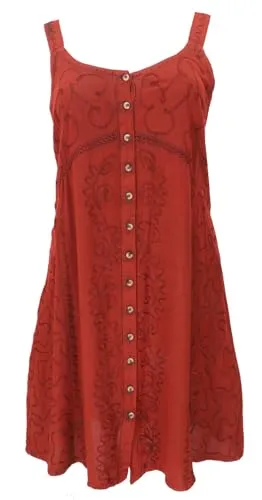 Besticktes indisches Kleid - Boho Minikleid in Rot - Kleider für Frauen, aus 100% Viskose, handgefertigt in Indien, ideal für den Frühling-Sommer, lässiger Ethno-Stil mit U-Ausschnitt.