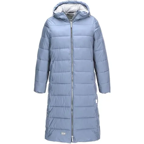 Blue Wave Damen Steppmantel Kaike mit verstellbarer Kapuze - Lange Steppjacke mit Innenfutter in Steel Blue Größe 46