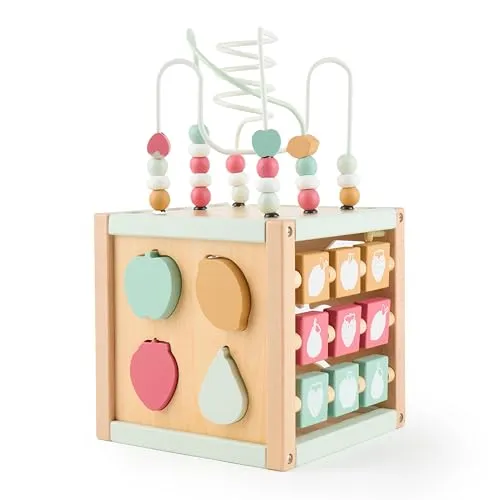 Bieco Motorikwürfel Berry XXL aus nachhaltigem Holz - Vielfältiger Motorikwürfel für Kinder ab 1 Jahr mit Spielmöglichkeiten wie Motorikschleife und Steckspiel. Fördert spielerisch Feinmotorik und Hand-Auge-Koordination.
