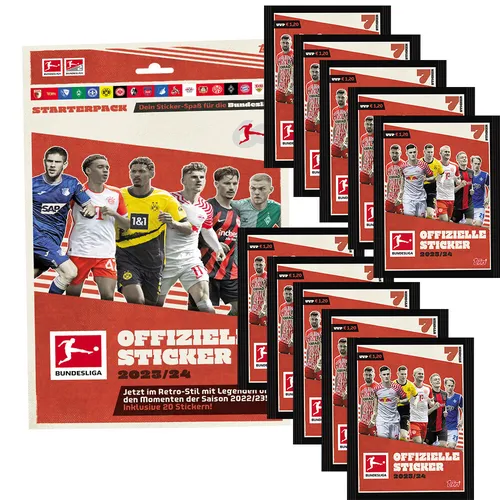 Topps Bundesliga Sammelsticker 2023/24 - Starterset mit 10 Tüten - Entdecken Sie die Topps Bundesliga Sammelsticker 2023/24! Ideal für Sammler und Fußballfans. Enthält 1 Starter-Sticker und 10 Tüten für spannende Ergänzungen Ihrer Sammlung.
