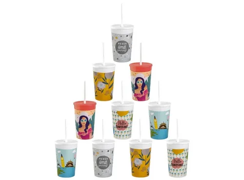 Engelland Kinderbecher - Bunte Kunststoffbecher mit Deckel & Strohhalm, 330 ml - Thermobehälter für Kinder, BPA-frei und wiederverwendbar, perfekt für Partys und Geburtstagsfeiern. 10 Stück in bunter Mischung, spülmaschinengeeignet.