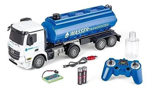 Carson Modellsport MB Arocs Wassertransporter 1:26 RC Einsteiger Funktionsmodell LKW - RC-Modelle - 100% RTR Wassertransporter mit LED-Beleuchtung, zwei Geschwindigkeitsstufen und 60 Minuten Fahrzeit für unvergesslichen Outdoor-Spaß!