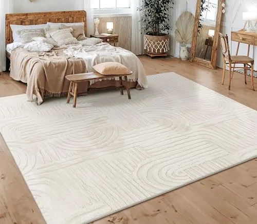 Paco Home Teppich Creme 80x150 cm - Skandinavisches Boho Design, weicher Kurzflor aus 100% Polyester, ideal für Wohn- und Schlafzimmer, auch für Fußbodenheizung geeignet.