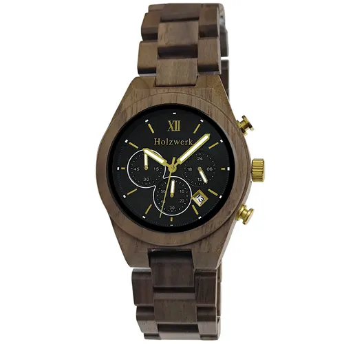 Holzwerk SASSNITZ Herren Chronograph Uhr aus Walnuss - Elegante Herrenarmbanduhr mit Chronograph und Datumsanzeige. Handgefertigt aus hochwertigem Walnussholz, ideal für stilbewusste Träger.