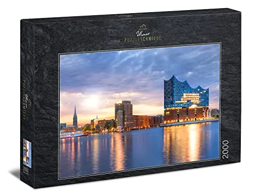 Ulmer Puzzleschmiede - Puzzle „Elphi“ - 2000 Teile Puzzle - die Elbphilharmonie in Hamburg – Konzerthalle und Wahrzeichen an der Elbe im Hafen der Hansestadt Hamburg, Norddeutschland