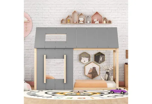 OKWISH Kinderbett Aus Holz mit Dach und Fenster (90x200 cm, Grau) - Stylisches Kinderhausbett aus Kiefernholz mit einem offenen Design, das Kreativität fördert. Ideal zum Schlafen, Lesen und Spielen – ein gemütlicher Rückzugsort für kleine Abenteurer.
