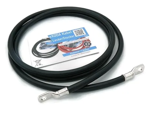 Exoda Batteriekabel 50 mm² 2,5m M10 Kabelschuhe Schwarz geeignet für Auto Boot Motorrad flexibel 99 Prozent Kupfer hitzebeständig bis 70° PVC Mantel vielseitig einsetzbar