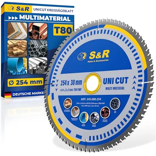 S&R Kreissägeblatt 254 x 30 mm FWF-Design, 80 Wolframkarbid HW Zähne, Universal Multicut Sägeblatt für Holz, 4 mm Baustahl, NE-Metalle, Kunststoff, Aluminium, Mehrzweck-Sägeblatt, Reduzierringe