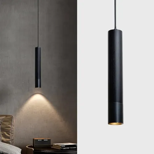 ouglres Pendelleuchte Schwarz 1 Flammig,Industrie Stab Hängeleuchte Metall,Vintage Holz Hängelampe für Esszimmer Nachttisch Schlafzimmer,Küche,Bar,Restaurant,Höhenverstellbar,Gu10