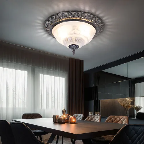 Antike Deckenlampe in Weiß und Silber, 2-flammig - Stimmungsvolle Deckenleuchte mit elegantem Retrodessin und Perlmutt-Glas. Ideal für Wohnräume, sorgt für warmes Licht und setzt stilvolle Akzente.