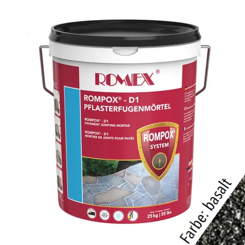 ROMEX ROMPOX-D1 25KG - Hochwertiger Pflasterfugenmörtel - Baumaterial: Der 2-Komponenten-Pflasterfugenmörtel ROMPOX®-D1 bietet hohe Belastbarkeit bis 7,5 Tonnen und ist ideal für Einfahrten und Wildformplatten. Selbstverdichtend für perfekte Fugen!