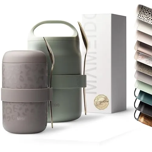 MAMEIDO Thermobehälter aus Edelstahl - 500 ml & 800 ml, auslaufsicher mit Besteck - Thermobehälter aus Edelstahl, ideal für Schule und Büro. Mit doppelwandiger Isolierung bleiben Speisen stundenlang heiß oder kalt. Inklusive praktischem Gabel-Löffel-Besteck für Mahlzeiten unterwegs.