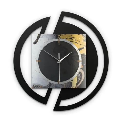 Kreative Feder Runde 3D Designer-Wanduhr Gold & Black Ink in modernem Metallic-Look Silber-schwarz ohne Tickgeräusche (Gold & Black Ink, leises Funkuhrwerk)
