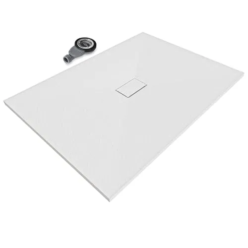 SMC BOREAL Duschwanne 140x100 cm, extra flache und robuste Duschtasse 26MM aus langlebigem mit ANTI-Rutsch-Oberfläche In Schieferoptik/Steinoptik inkl. Ablaufgarnitur mit Deckel - Weiß