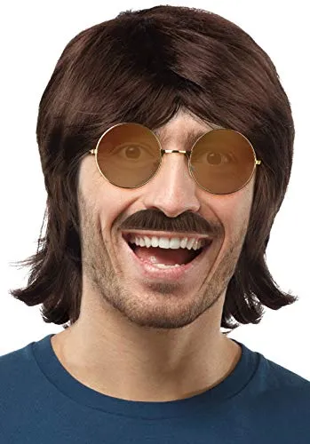 SET mit 80er / 90er Jahre Proll kurze Vokuhila Perücke braun + Brille + Schnauzbart